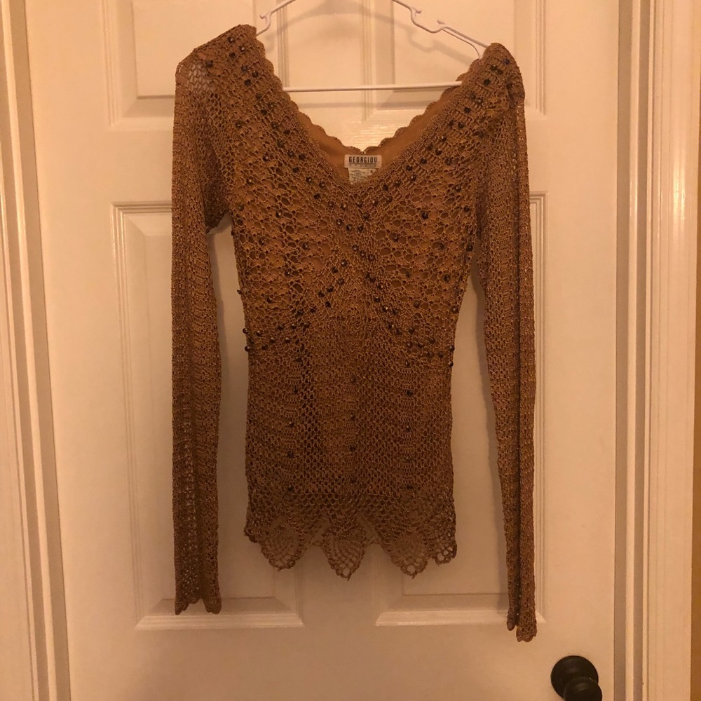 Georgiou Bronze Beaded Crochet/Lace Top